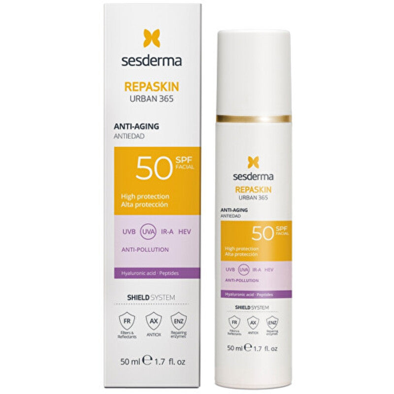 Sesderma Repaskin Urban 365 Senėjimą stabdantis veido kremas nuo saulės SPF 50 – veido kremas nuo saulės su senėjimą stabdančiu poveikiu